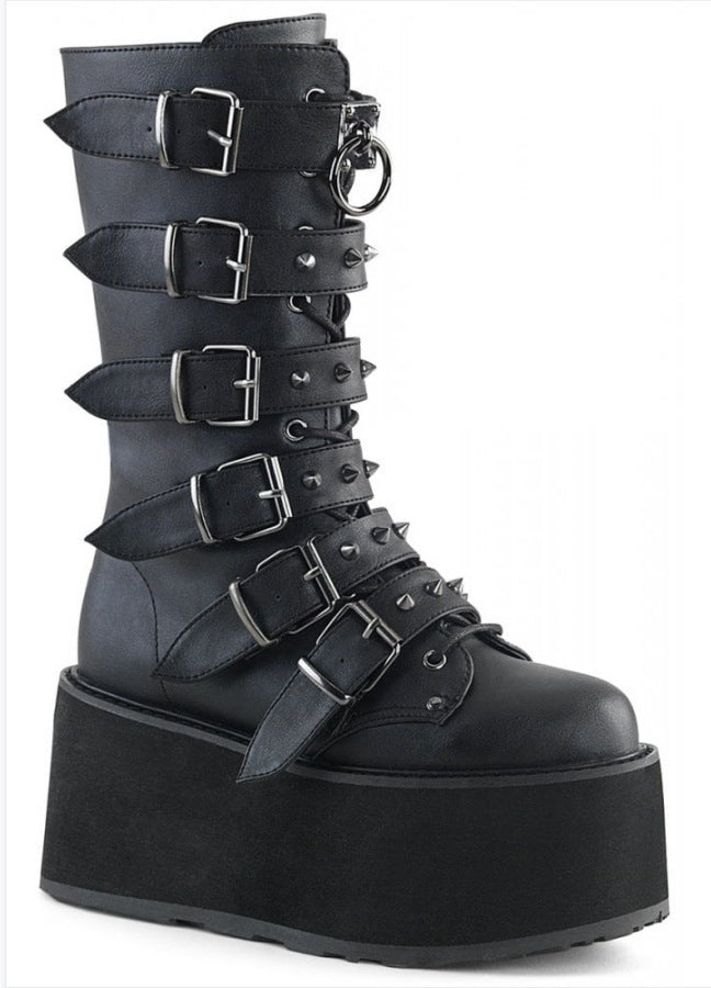 Autumn High-Heeled Thick-Bottomed Mid Boots with Buckle